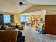 Great Room with a ceiling fan and light carpet